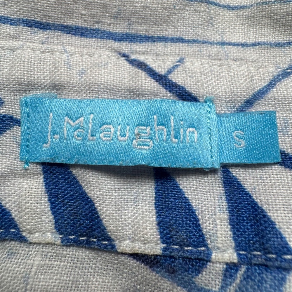 J McLaughlin Linen Small‎ Abstract Print Button Up Shirt Top Blue White Floral - Picture 2 of 8